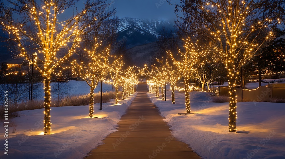 Snow-covered Mountain Path With Christmas Lights On Trees Snow-covered Mountain Path With Christmas Lights On Trees