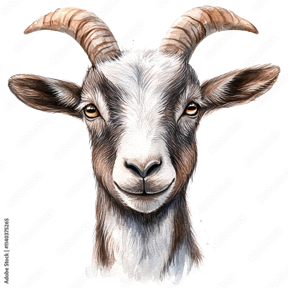 A watercolor painting of a goat's head with distinctive horns and ears. A watercolor painting of a goat's head with distinctive horns and ears.