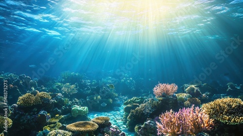 Wallpaper Mural A vibrant underwater scene showcasing colorful coral reefs and aquatic life illuminated by sunlight filtering through the water. Stunning marine beauty. Torontodigital.ca