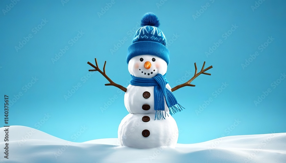 Cheerful snowman standing on a wintry blue background adorned with falling snowflakes and a festive ambiance. Created with generative AI technology Cheerful snowman standing on a wintry blue background adorned with falling snowflakes and a festive ambiance. Created with generative AI technology