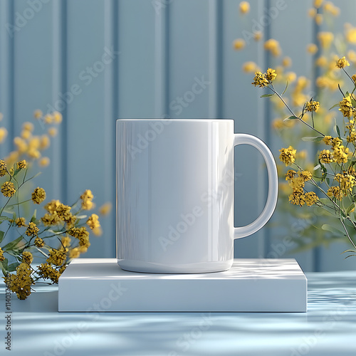 A white coffee mug sits on a white plate on a table. The table is surrounded by vases with flowers in them. Concept of calm and relaxation, as the white mug and the flowers create a simple