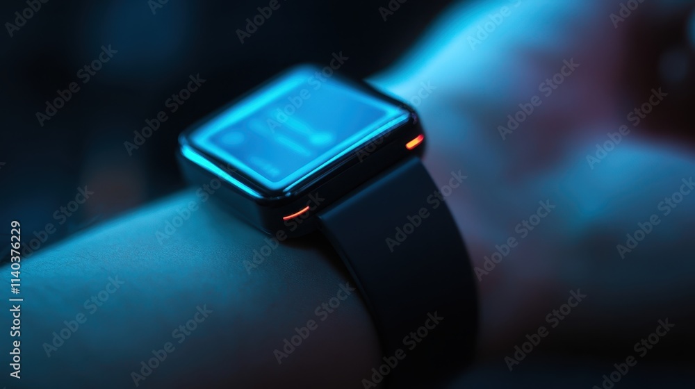 Fitness tracker displays vibrant lights and health metrics in a modern setting at an evening gathering Fitness tracker displays vibrant lights and health metrics in a modern setting at an evening gathering