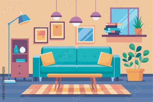 A cozy living room with a blue sofa, wooden coffee table, bookshelf, plants, and colorful décor. Bright and welcoming atmosphere with natural light.