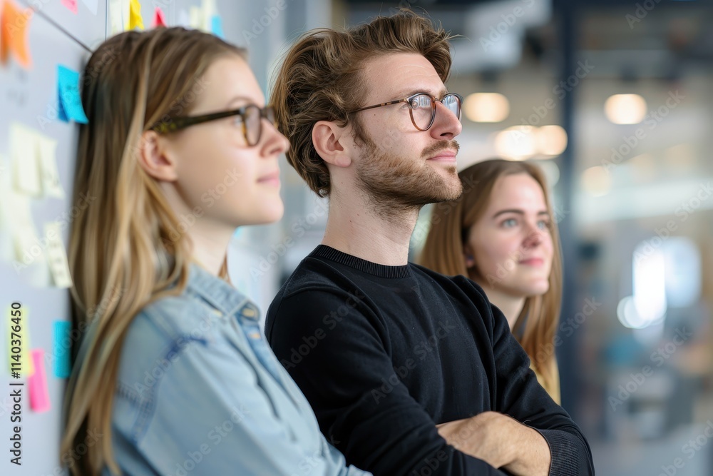 Three young professionals stand confidently, contemplating ideas in a modern workspace decorated with colorful sticky notes. Three young professionals stand confidently, contemplating ideas in a modern workspace decorated with colorful sticky notes.