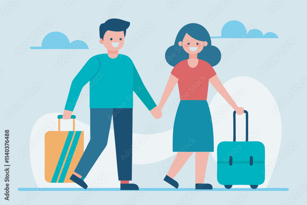 A young couple holds hands, walking with luggage, symbolizing love and joy on a journey. Positive, romantic scene with smiles under a blue sky. A young couple holds hands, walking with luggage, symbolizing love and joy on a journey. Positive, romantic scene with smiles under a blue sky.