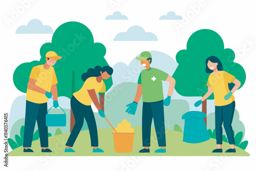 A spirited group of five volunteers, in yellow and green attire, beautify a park by cleaning and maintaining it with gardening tools and trash bags. Their teamwork