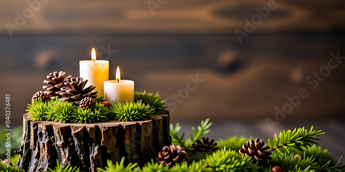 Wallpaper Mural Tree Stump with Natural Christmas Décor - Moss pinecones and candles arranged artfully. backdrop background digital art crisp oilpinting minimalist sharp details funny background copyspace Torontodigital.ca