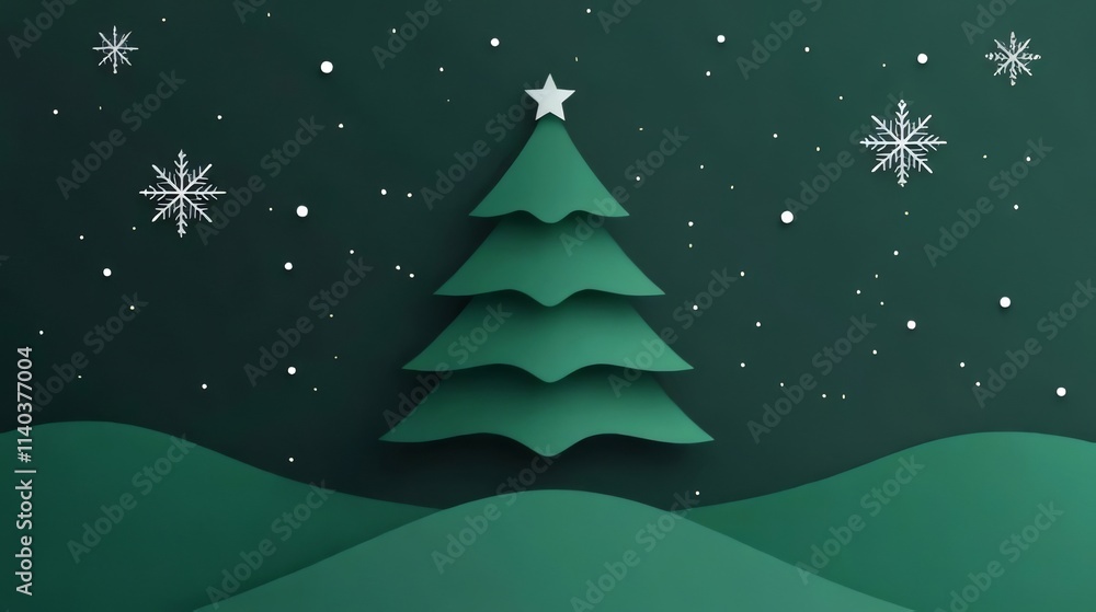 Minimalist paper-cut Christmas tree design on dark green background with snowflakes. Minimalist paper-cut Christmas tree design on dark green background with snowflakes.