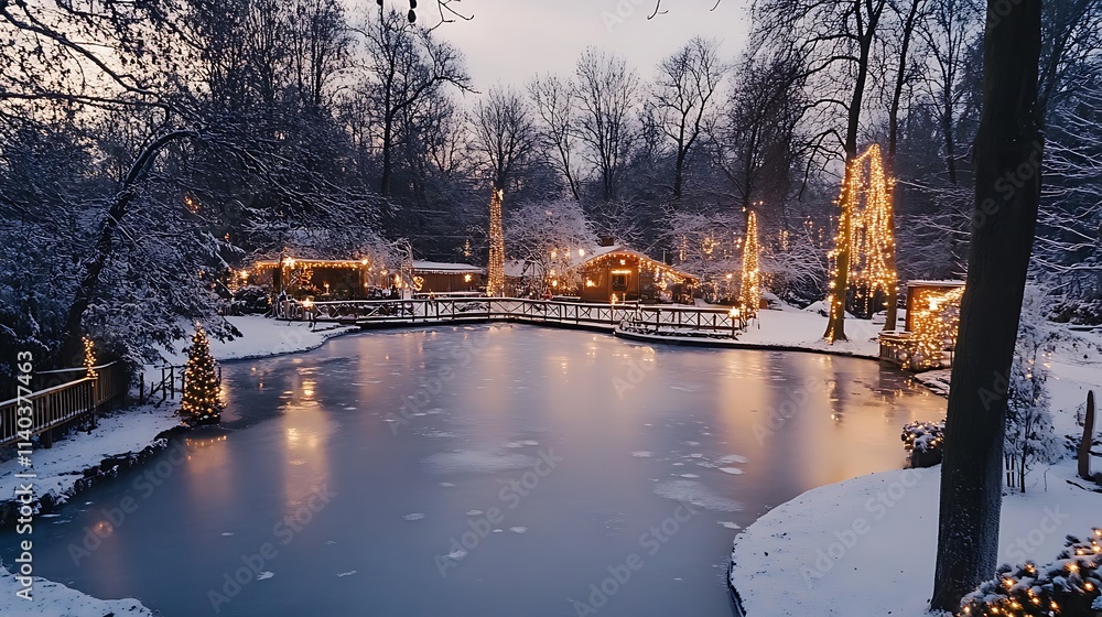 Fototapeta premium Winter Wonderland with Frozen Pond and Christmas Decorations