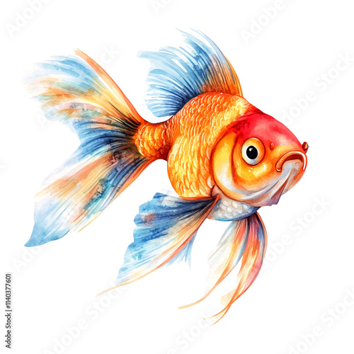 Watercolor Painting of a Goldfish with Vibrant Orange and Blue Scales Against a White Background. photo