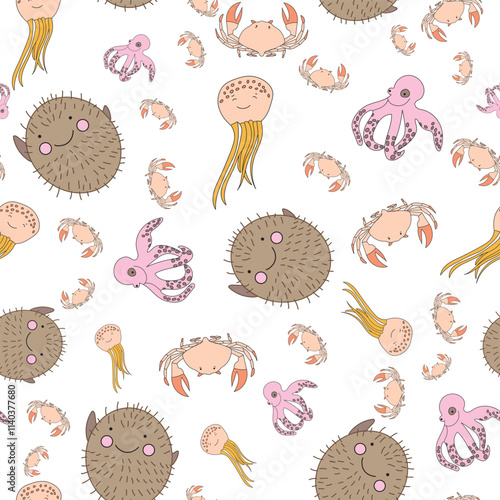 Vector Cute Marine Life Animals Seamless Pattern for kids room decor, textiles and wallpapers.