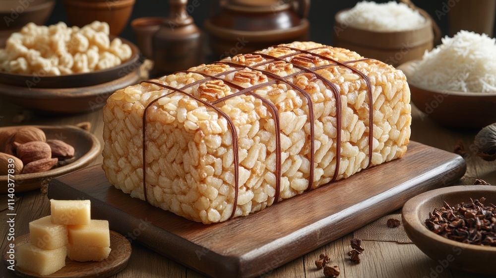 Rectangular sweet rice cake tied with caramel, surrounded by ingredients. Rectangular sweet rice cake tied with caramel, surrounded by ingredients.
