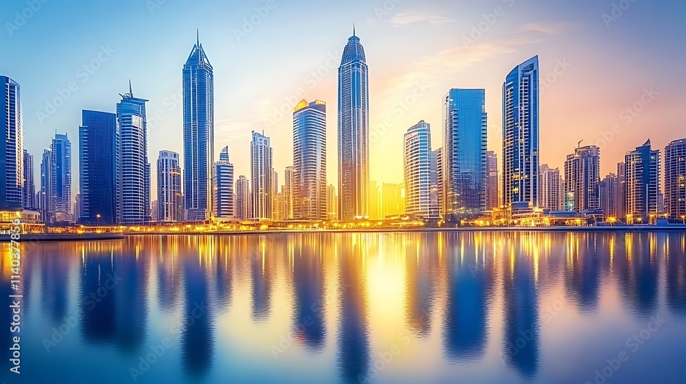 Obraz premium Dubai Marina Skyline at Sunrise: A Breathtaking Urban Panorama