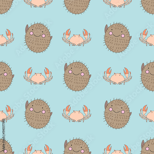 Vector Cute Marine Life Animals Seamless Pattern for kids room decor, textiles and wallpapers.