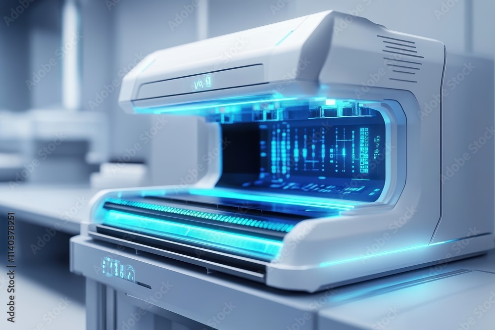 A futuristic printer with glowing blue accents and a sleek design. A futuristic printer with glowing blue accents and a sleek design.