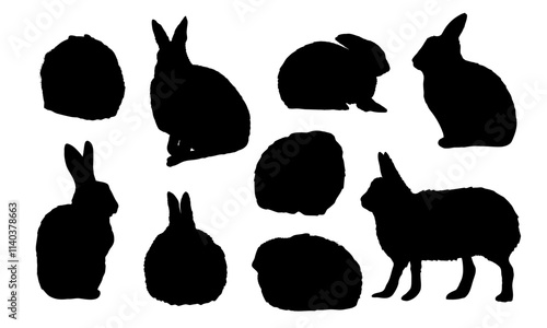 Set of silhouettes of Arctic hares Lepus arcticus in different poses. Wild animal of the Arctic tundra. Realistic vector isolated rabbits