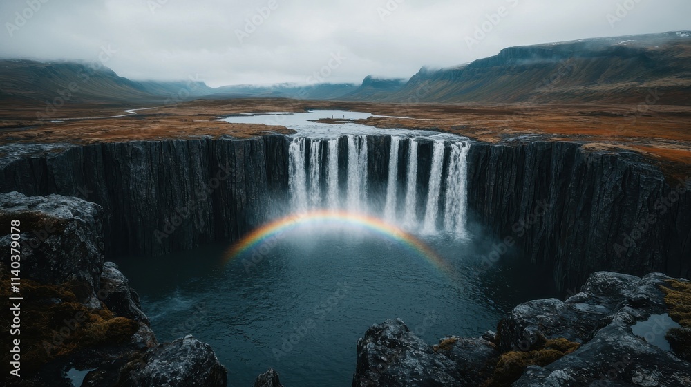 Fototapeta premium Cascading waterfall into the ocean with rainbow iceland nature scenic view vibrant landscape