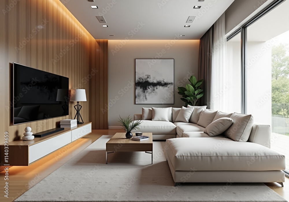 Contemporary room with large sectional sofa, lcd tv panel, neutral tones, and modern decor accents. Minimalist home interior design of modern living room Contemporary room with large sectional sofa, lcd tv panel, neutral tones, and modern decor accents. Minimalist home interior design of modern living room