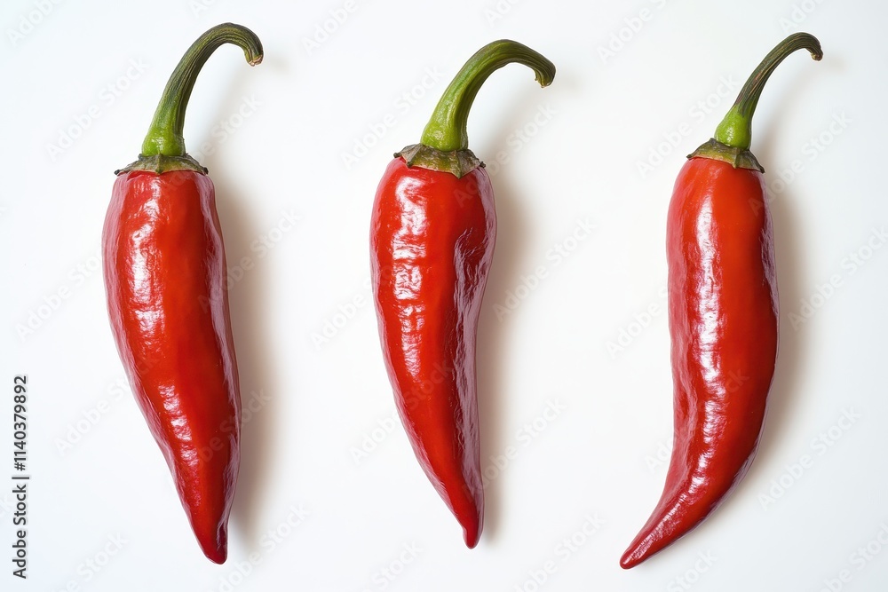Three isolated red habanero peppers on a white background known for their extreme spiciness and wrinkled texture shown from the side Three isolated red habanero peppers on a white background known for their extreme spiciness and wrinkled texture shown from the side