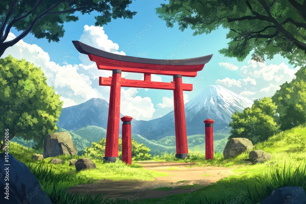 Three red wooden Torii gates in a park with a mountain and sky backdrop Three red wooden Torii gates in a park with a mountain and sky backdrop