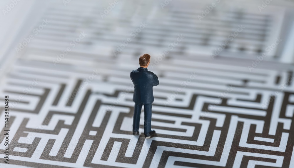 businessman stands facing a complex maze pattern, symbolizing challenges and decision-making in professional life businessman stands facing a complex maze pattern, symbolizing challenges and decision-making in professional life