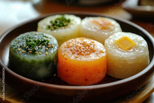 Three types of Korean Songpyeon a honey filled rice cake traditionally enjoyed on New Year s or Chuseok photo