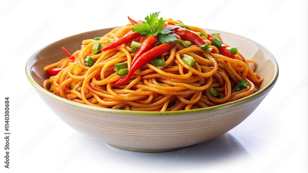 Spicy instant noodles with chili peppers and vegetables on white background Spicy instant noodles with chili peppers and vegetables on white background