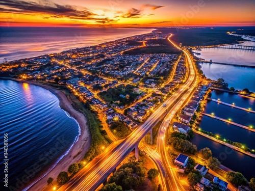 Eastern Long Island NY Map Bokeh, Aerial View, Night Lights, Coastal Highway,  Suffolk County, Hamptons Map,  Bokeh Photography, Long Island Map, Night Scenic Map photo