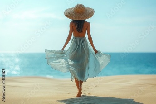 A cheerful beach scene featuring a woman in a wide-brimmed straw hat and a flowy dress, walking barefoot on golden sand, minimal blue ocean background