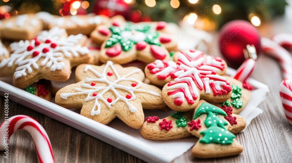 A tray of festive cookies and candy canes on a wooden table, surrounded by holiday decorations and a glowing Christmas tree in the background. A tray of festive cookies and candy canes on a wooden table, surrounded by holiday decorations and a glowing Christmas tree in the background.