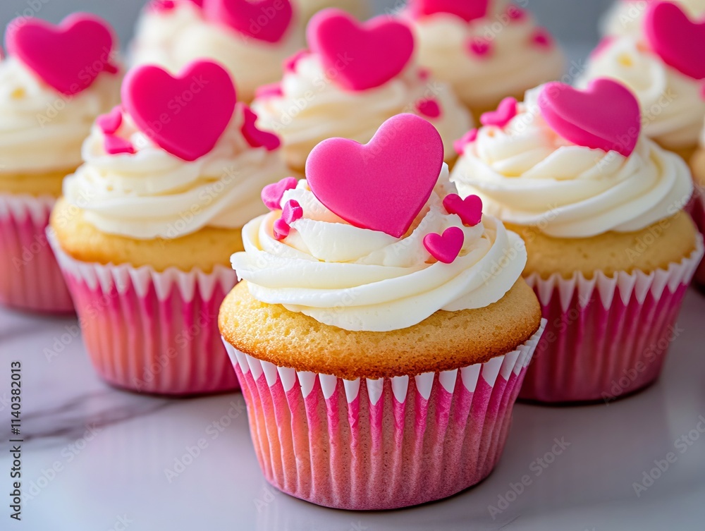 A bunch of cupcakes with pink hearts on top of them A bunch of cupcakes with pink hearts on top of them