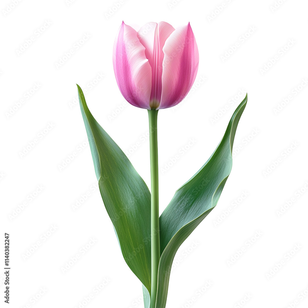 Fototapeta premium A Pink and White Tulip with Green Leaves.