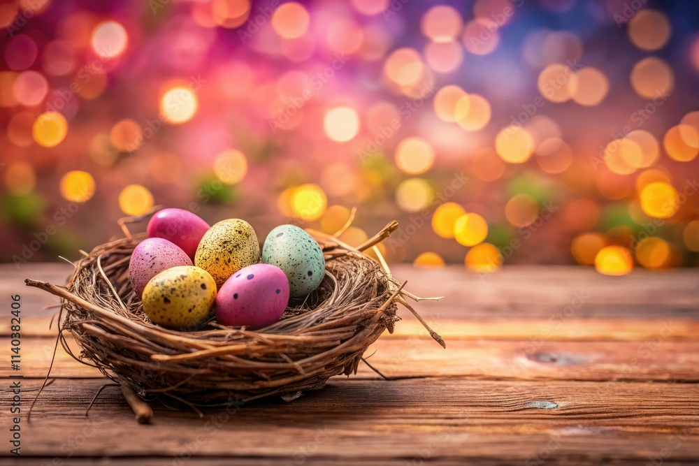 Obraz premium Celebrate Easter with a whimsical tilt-shift egg hunt! A charming wooden table setting awaits. RSVP by [date].