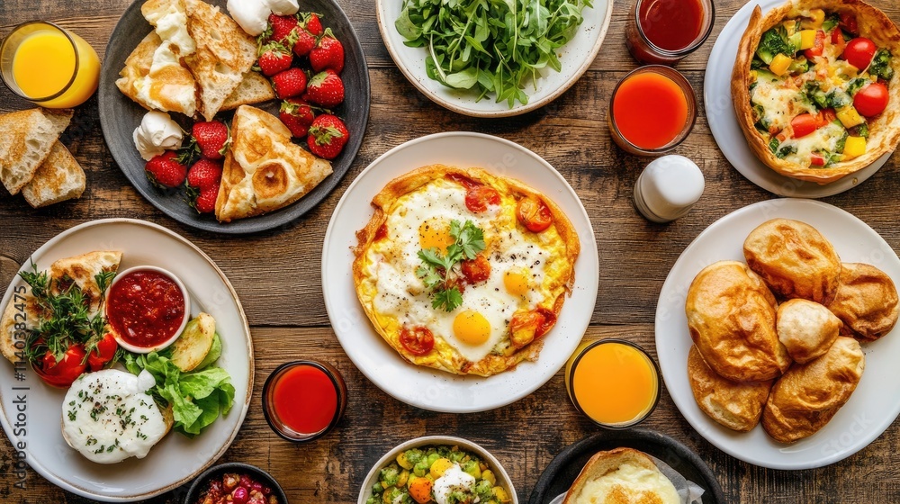 A vibrant breakfast spread featuring a fluffy omelette filled with fresh vegetables, herbs, and melted cheese on a rustic wooden table A vibrant breakfast spread featuring a fluffy omelette filled with fresh vegetables, herbs, and melted cheese on a rustic wooden table