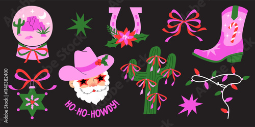 Western-themed Christmas illustrations. Cowboy boots, Santa in a cowboy hat, decorated cacti, ornaments, horseshoes, and festive accents. Vector cartoon graphics