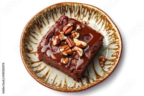 Top view of a caramel and nut brownie on a brown plate against a white background