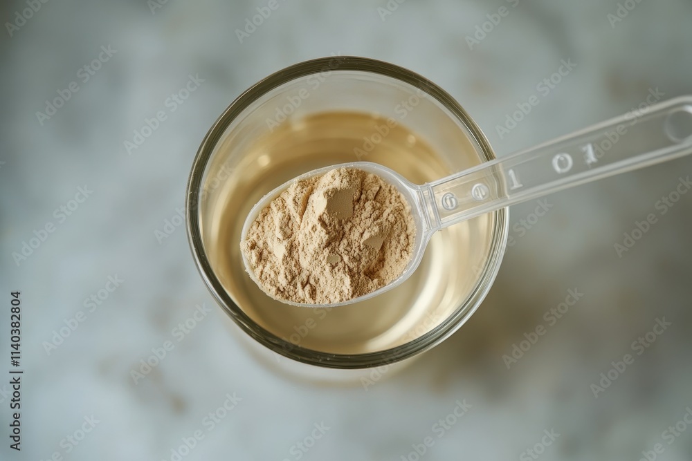 Top view of a plastic spoon with collagen powder over a glass of water a skin supplement Top view of a plastic spoon with collagen powder over a glass of water a skin supplement