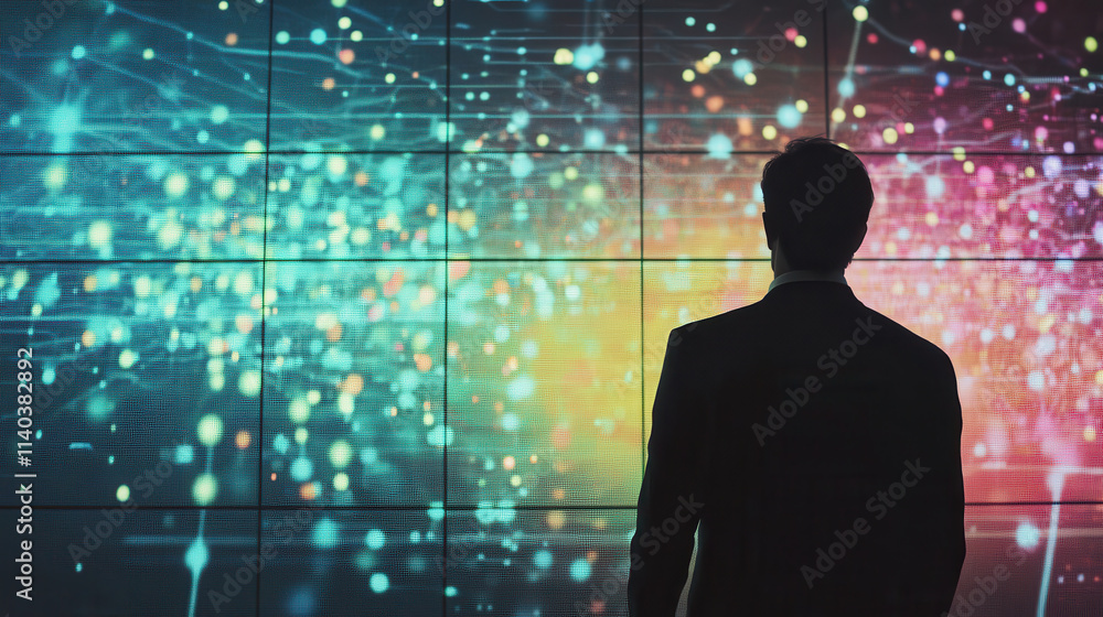 Businessman observing vibrant data visualization on screen Businessman observing vibrant data visualization on screen