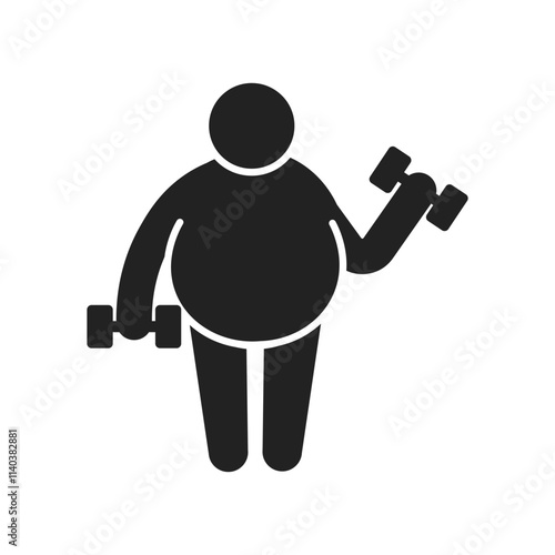 Isolated pictogram fat person lift dumbbell, obesity workout, diet man sport