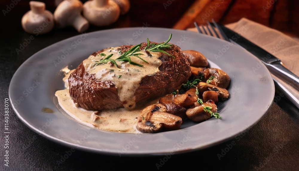 A delectable pan-seared steak, generously topped with creamy mushroom sauce and served alongside mushrooms A delectable pan-seared steak, generously topped with creamy mushroom sauce and served alongside mushrooms