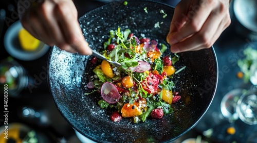 A vibrant overhead shot of a colorful salad being plated, emphasizing freshness and creativity in food presentation photo