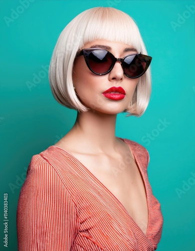  stylish woman with a sharp bob haircut and red lips dons sunglasses against a striking turquoise background photo