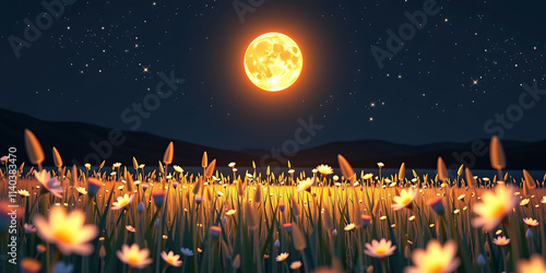 Moonlit Meadow Countdown - A meadow glowing with midnight light. backdrop background digital art crisp oilpinting minimalist sharp details funny background copyspace