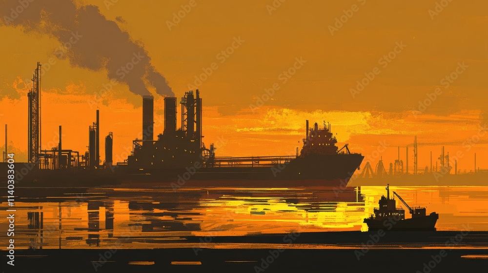 Naklejka premium Vibrant Sunset Over Industrial Harbor with Silhouetted Cargo Ship and Smoke Stacks Amidst Reflections on Calm Water Surface