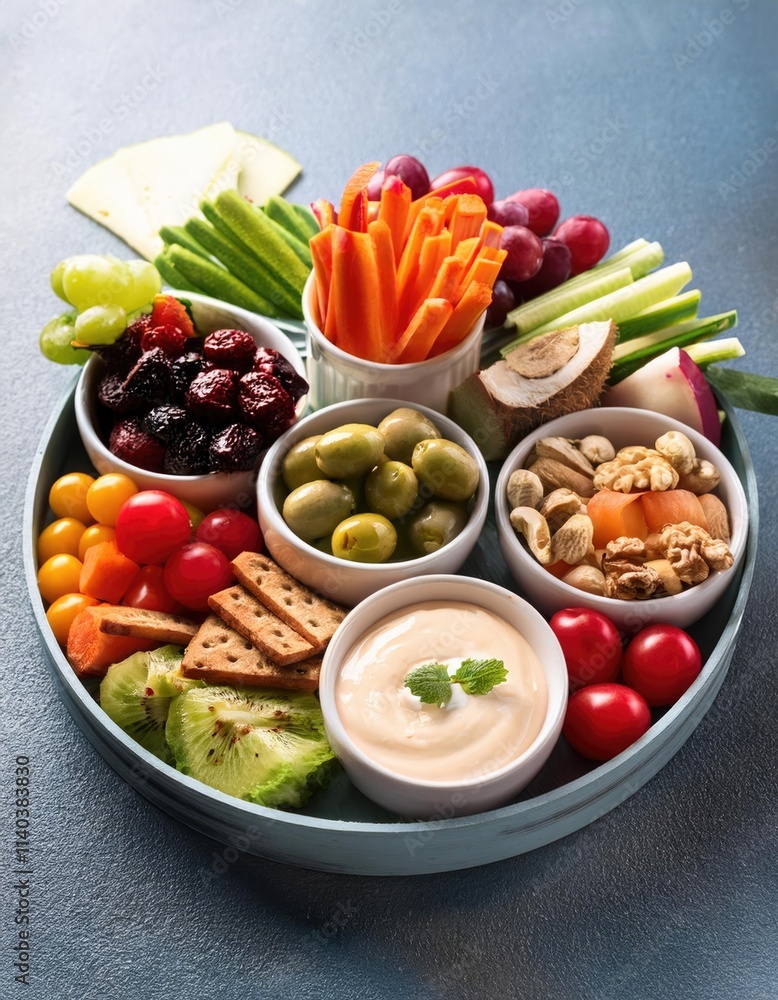 appetizer and finger food concept. Colorful Snack Tray with Fresh Foods and Dips appetizer and finger food concept. Colorful Snack Tray with Fresh Foods and Dips