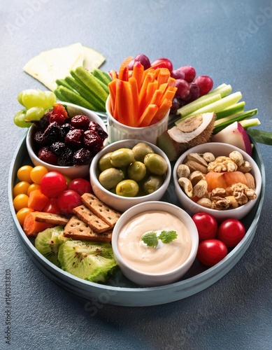  appetizer and finger food concept. Colorful Snack Tray with Fresh Foods and Dips 