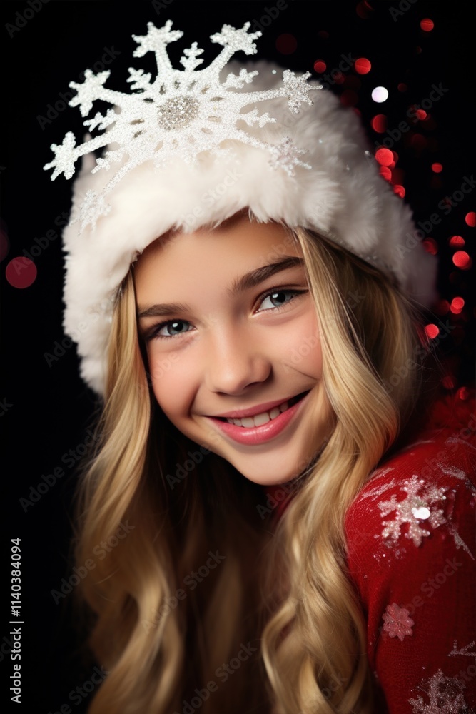 Young girl in a warm hat and red scarf smiles in falling snow, feeling holiday joy. Festive lights add beauty to the cheerful winter scene Young girl in a warm hat and red scarf smiles in falling snow, feeling holiday joy. Festive lights add beauty to the cheerful winter scene