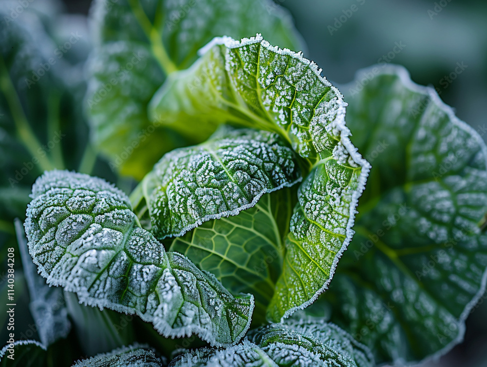 A cluster of cabbage leaves covered with frost, the frozen crystals sparkling in the early morning light, adding a touch of winter magic to the garden. A cluster of cabbage leaves covered with frost, the frozen crystals sparkling in the early morning light, adding a touch of winter magic to the garden.