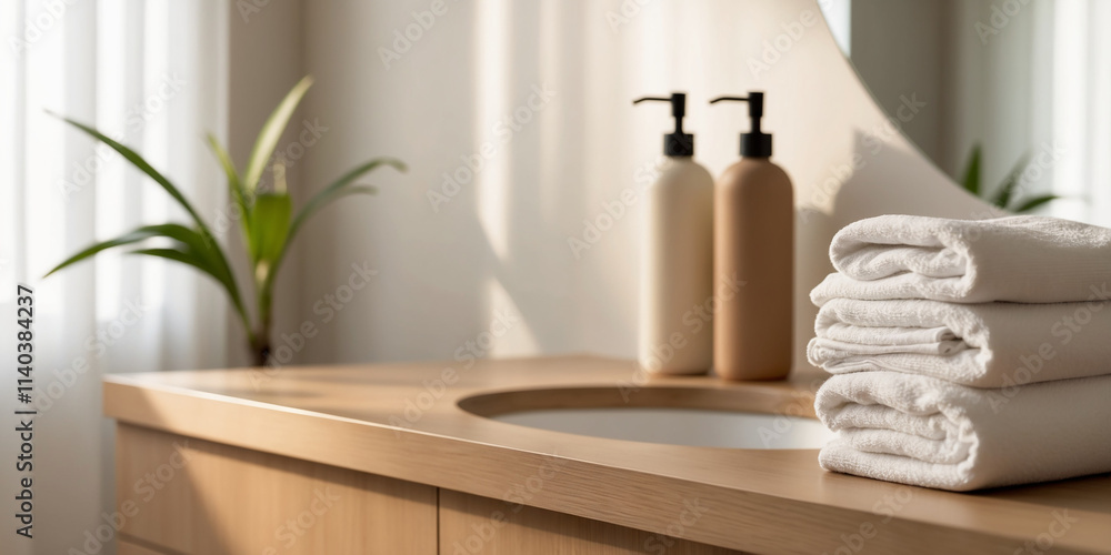 Elegant Bathroom Counter with Towels and Products Elegant Bathroom Counter with Towels and Products