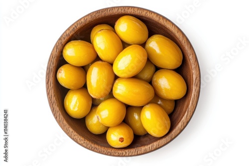 Top view of jujube in a wooden bowl on a white background with clipping path